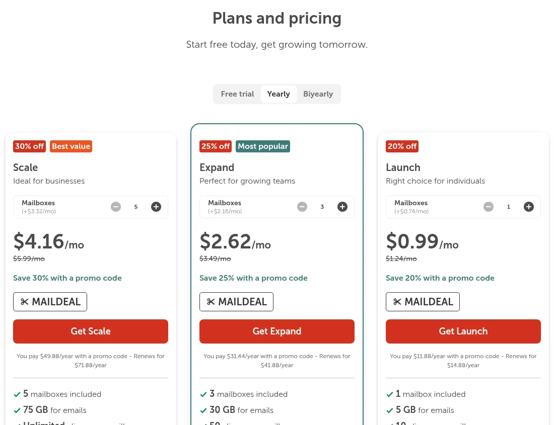 Screenshot of Namecheap Private Email on yearly billing: Scale with 5 mailboxes renews at $71.88 a year, Expand with 3 mailboxes renews at $41.88, Launch with 1 mailbox renews at $14.88, each with a MAILDEAL promo code price for the first year.