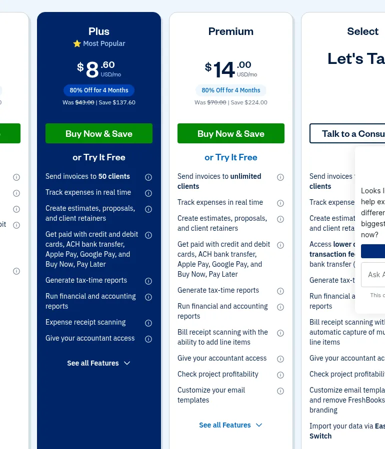 Screenshot of FreshBooks pricing billed monthly: Lite $4.60 (was $23), Plus $8.60 (was $43), Premium $14 (was $70), 80% off for 4 months.