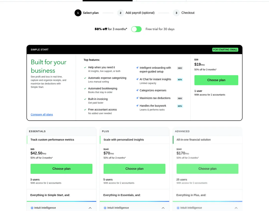 Screenshot of QuickBooks Online pricing: Simple Start $19/mo (was $38), Essentials $42.50 (was $85), Plus $70 (was $140) and Advanced $170 (was $340), each labelled 50% off for 3 months.