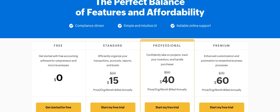 Screenshot of Zoho Books US pricing billed annually: Free $0, Standard $15 (was $20), Professional $40 ($50), Premium $60 ($70) per organisation per month.
