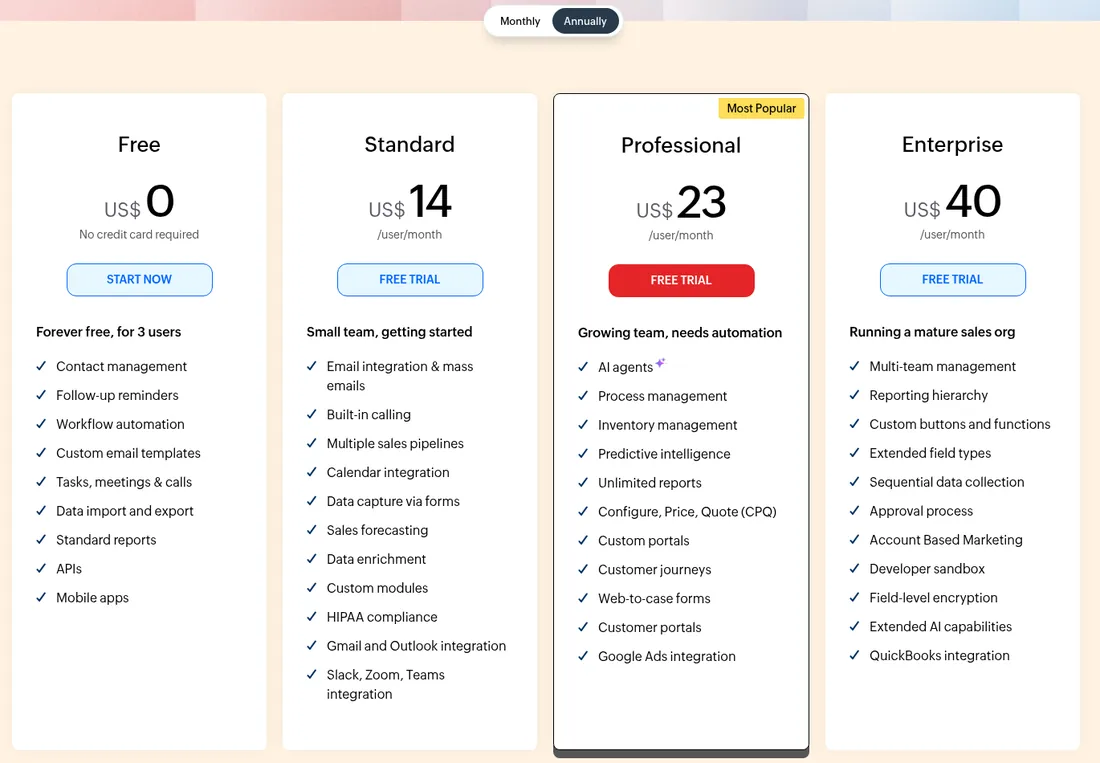 Screenshot of Zoho CRM pricing billed annually: Free for 3 users, Standard $14, Professional $23, Enterprise $40 per user per month.