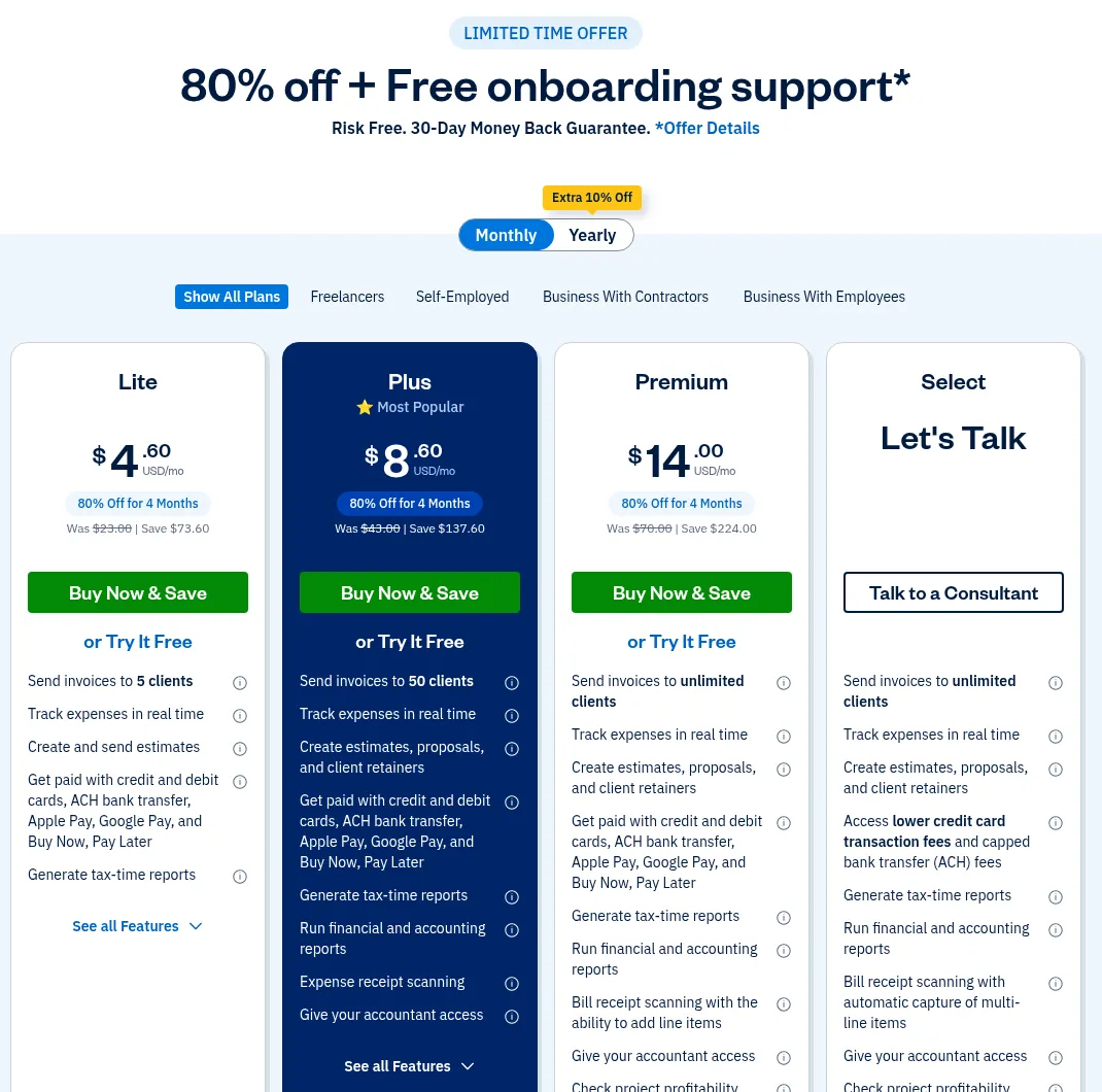Screenshot of FreshBooks pricing billed monthly: Lite $4.60 (was $23), Plus $8.60 (was $43), Premium $14 (was $70) with 80% off for 4 months; Lite sends invoices to 5 clients, Plus 50.
