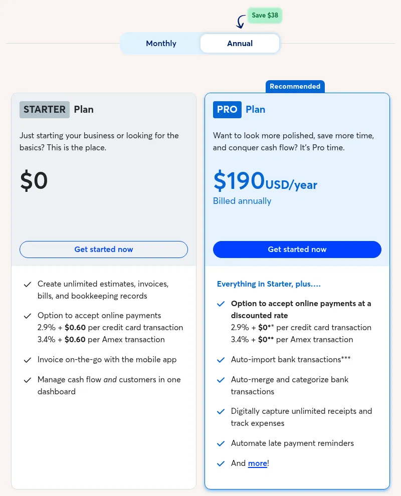 Screenshot of Wave pricing: Starter plan $0 with card fees of 2.9% + $0.60; Pro plan $190 per year billed annually with 2.9% + $0 card fees.