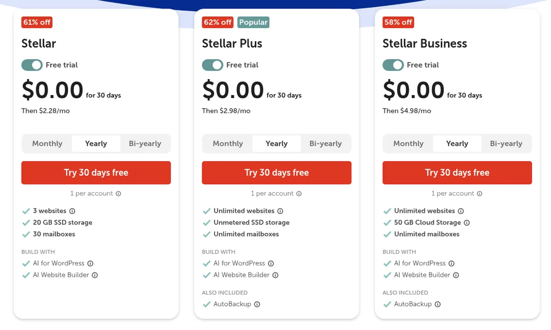 Screenshot of Namecheap's shared hosting plans on yearly billing: Stellar then $2.28 a month with 3 websites, 20 GB SSD and 30 mailboxes; Stellar Plus then $2.98 a month; Stellar Business then $4.98 a month, each with a 30-day free trial.