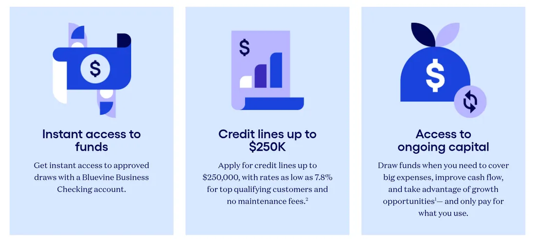 Screenshot of Bluevine's line of credit page: credit lines up to $250K, rates as low as 7.8% for top-qualifying customers, no maintenance fees.
