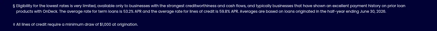 Screenshot of OnDeck's disclosures: average rate for term loans 53.2% APR and for lines of credit 59.8% APR, loans originated in the half-year ending June 30, 2026.