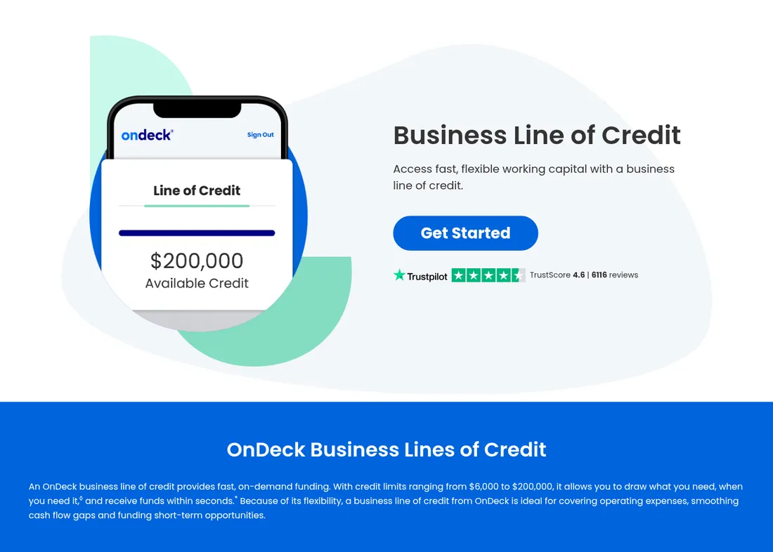 Screenshot of OnDeck's business line of credit page header: $200,000 available credit example and Trustpilot badge.