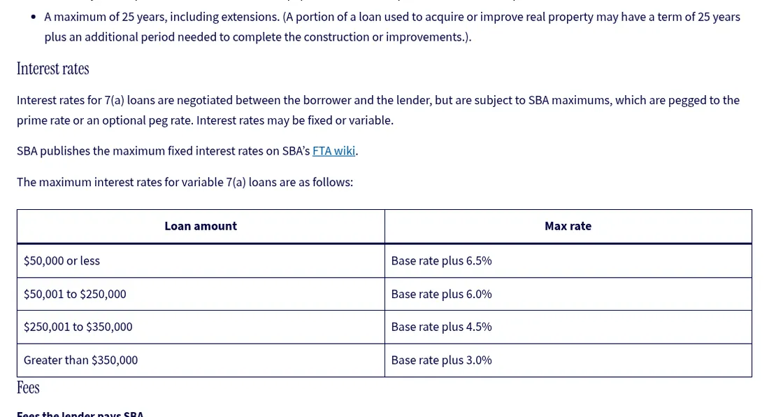 Screenshot of the SBA page's maximum interest rates for variable 7(a) loans: base rate plus 6.5%, 6.0%, 4.5% and 3.0% by loan amount.