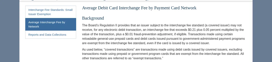 Screenshot of the Federal Reserve's Regulation II page explaining the debit interchange cap of $0.21 plus 0.05 percent plus a $0.01 fraud-prevention adjustment.