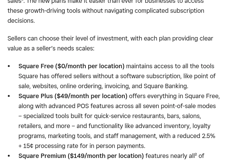 Screenshot of Square's press release describing Square Free at $0, Square Plus at $49 and Square Premium at $149 per location a month, with lower in-person rates on paid plans.