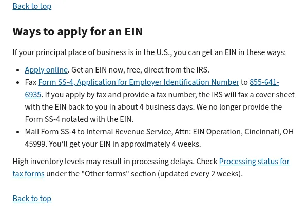 Screenshot of the IRS 'Ways to apply for an EIN' section: online, fax in about 4 business days, mail in approximately 4 weeks.
