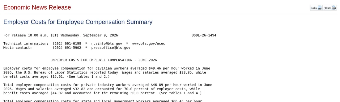 Screenshot of the BLS Employer Costs for Employee Compensation release for June 2026, showing total compensation and wages per hour worked.
