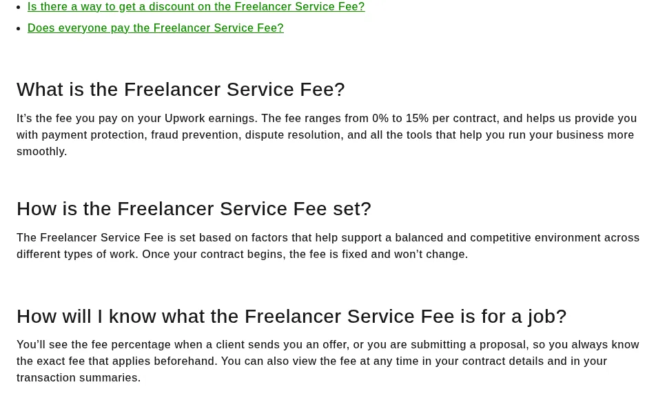 Screenshot of Upwork's help page: the Freelancer Service Fee ranges from 0% to 15% per contract and is fixed once the contract begins.