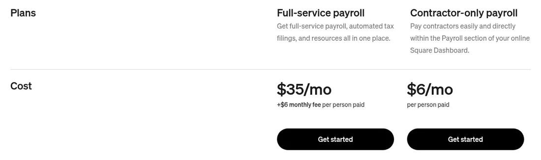Screenshot of Square Payroll pricing: full-service payroll $35 a month plus $6 per person paid, contractor-only payroll $6 a month per person paid.