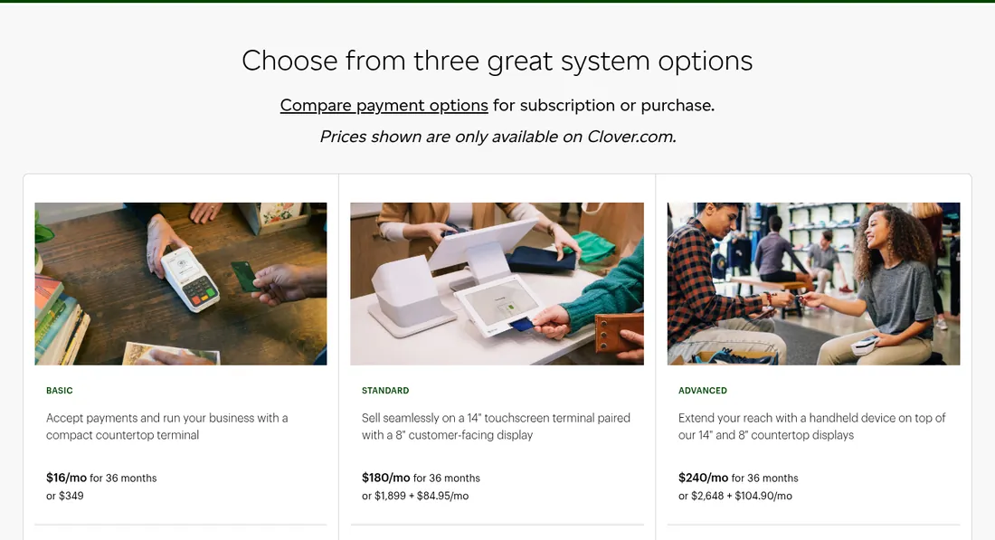 Screenshot of Clover's retail systems: three bundles priced per month over 36 months or as an upfront payment.