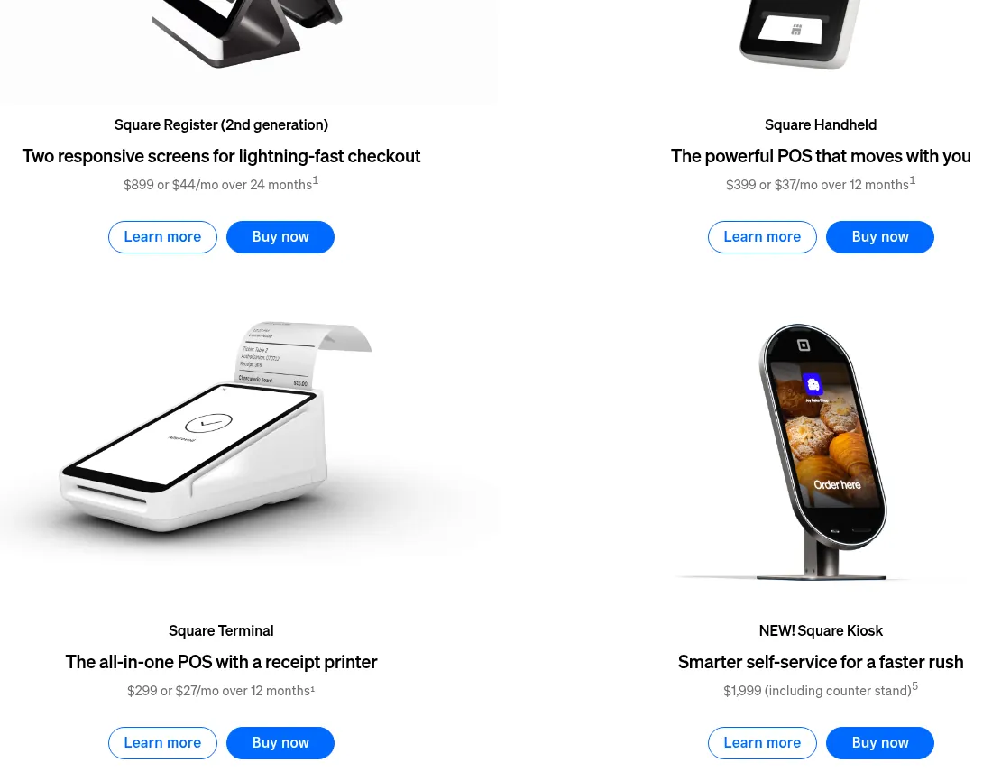 Screenshot of Square's hardware store: Square Register $899, Square Handheld $399, Square Terminal $299 and Square Kiosk $1,999.