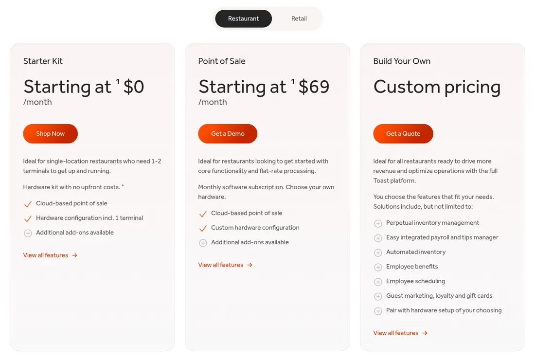 Screenshot of Toast's pricing page: Starter Kit from $0 a month, Point of Sale from $69 a month, and Build Your Own with custom pricing.
