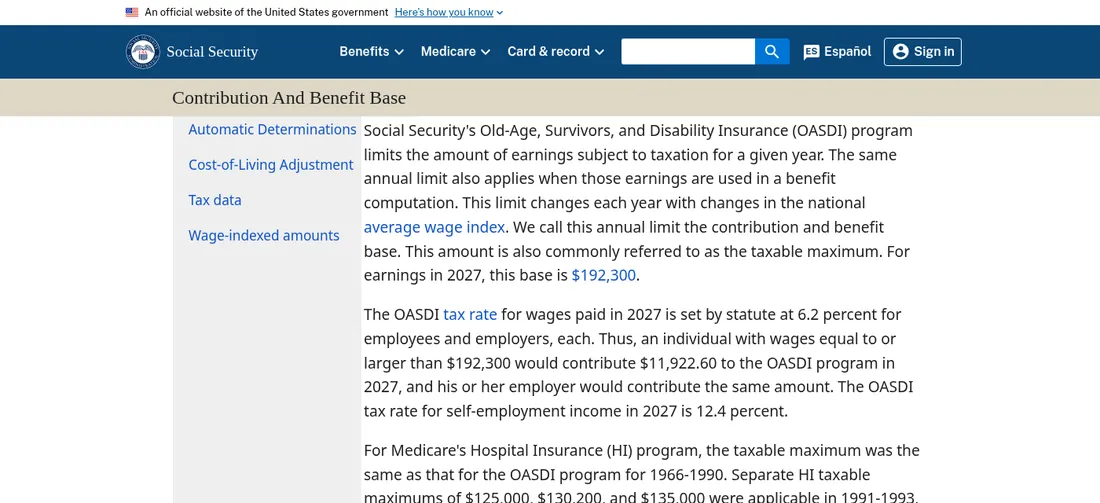 Screenshot of the SSA contribution and benefit base page: 12.4% OASDI rate for self-employment income, 2.9% Medicare, and the annual taxable maximum table.