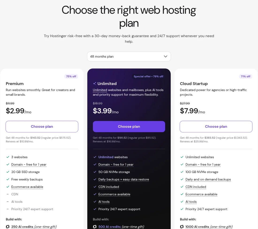 Screenshot of Hostinger web hosting plans: Premium $2.99/mo, renews at $10.99; Business $3.99/mo, renews at $16.99; Cloud Startup $7.99/mo, renews at $25.99.