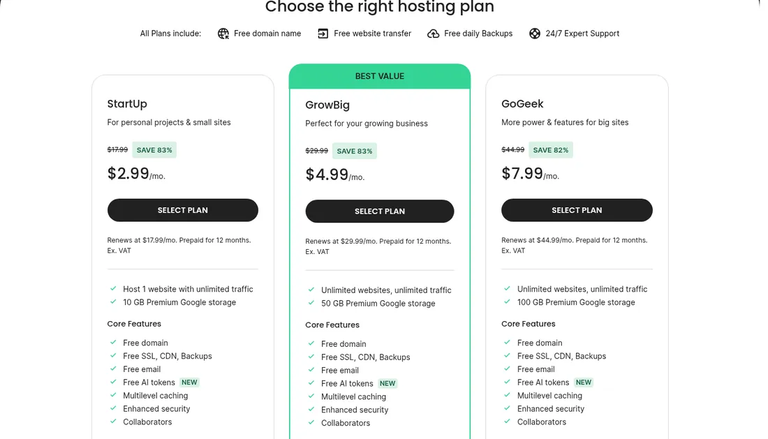 Screenshot of SiteGround hosting plans in US dollars: StartUp $2.99/mo (renews $17.99), GrowBig $4.99 ($29.99), GoGeek $7.99 ($44.99).