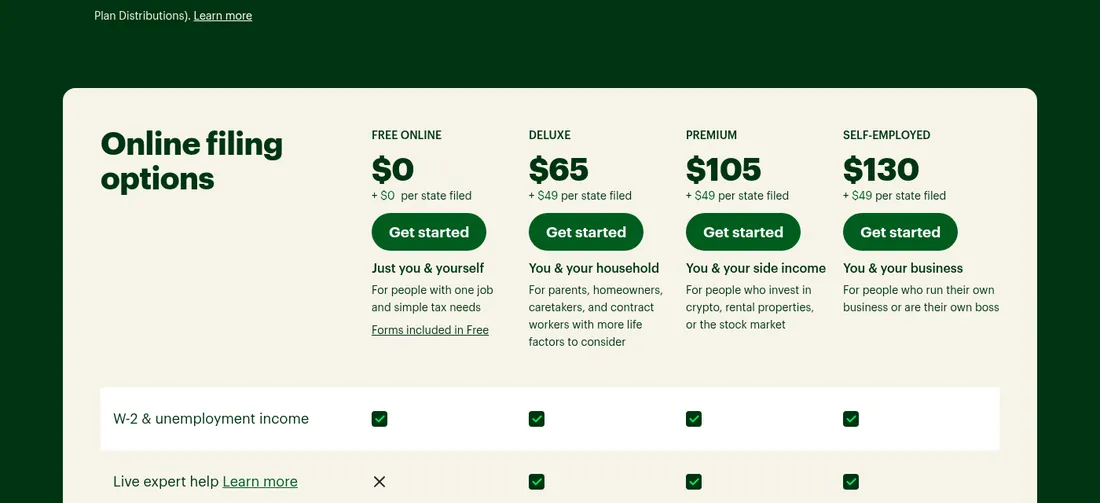 Screenshot of H&R Block online filing options: Free $0, Deluxe $65, Premium $105 and Self-Employed $130, each plus $49 per state.