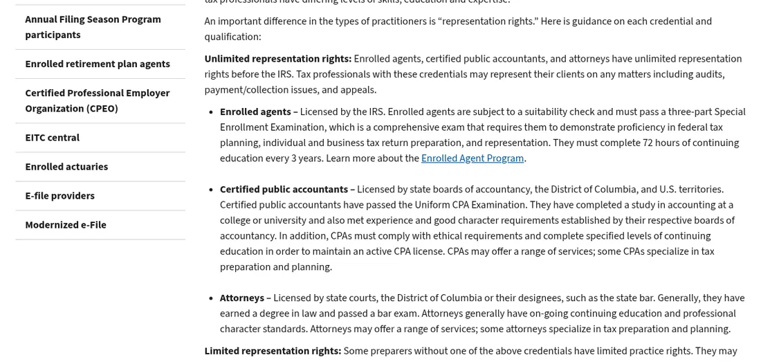 Screenshot of the IRS page explaining unlimited representation rights for enrolled agents, CPAs and attorneys.