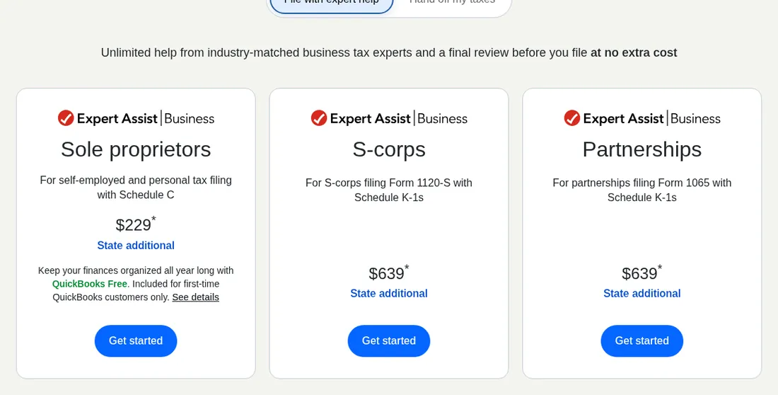Screenshot of TurboTax Expert Assist Business prices: sole proprietors $229, S-corps $639 and partnerships $639, state additional.